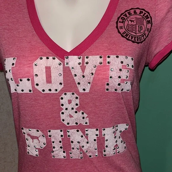 vintage y2k PINK victoria’s secret bling v neck tee - Picture 2 of 3